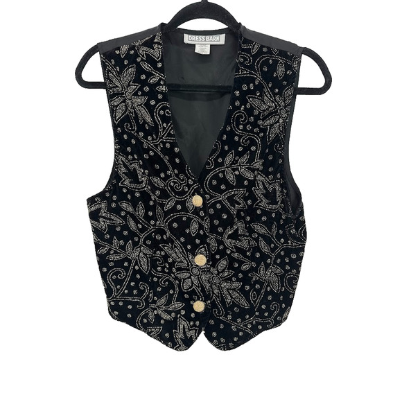 Vtg Dressbarn Velvet Vest M Black Gold Embellished Button Formal Party Holiday - Picture 1 of 6
